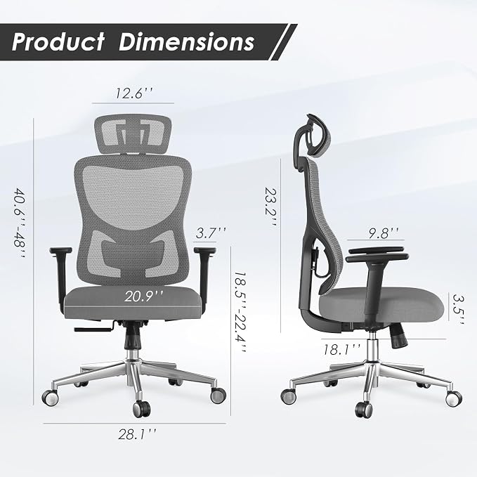 Soohow Ergonomic Office Chair,High Back Desk Chair with Adjustable Lumbar Support and Headrest,Comfy Computer Chair with 3D Armrest Recling Swivel Chair for Home, Office, Study Room, Black & Grey