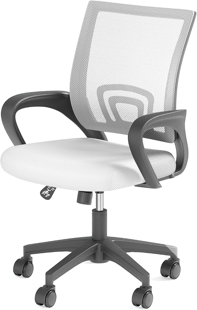 Office Chair, Ergonomic Mid-Back Mesh Desk Chair, White | Lumbar Support, Adjustable Height, Rolling Wheels, Comfy Armrest, For Work, Study, Gaming