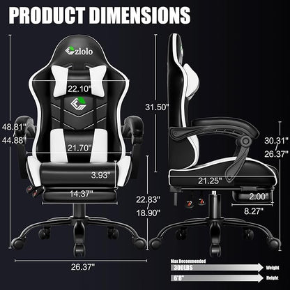Czlolo Gaming Chair, Ergonomic Office Computer Chair with Footrest and Lumbar Support Massager Racing Style High Back Video Gamer Chair, Wide＆Thick Cushion, 90°-135° Recline, Adjustable Height, White