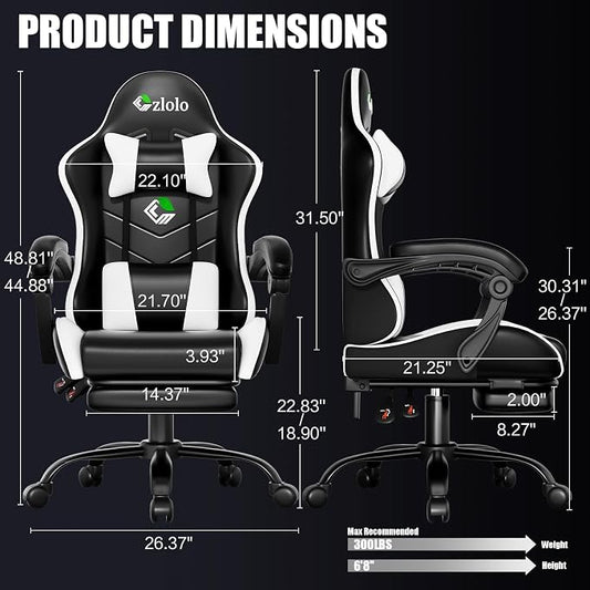Czlolo Gaming Chair, Ergonomic Office Computer Chair with Footrest and Lumbar Support Massager Racing Style High Back Video Gamer Chair, Wide＆Thick Cushion, 90°-135° Recline, Adjustable Height, White