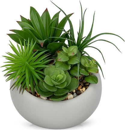 Hollyone Succulents Plants Artificial in Pots Fake Succulents for Outdoors Indoor Faux Succulent Arrangement Potted Plant in Cement Planter Bowl for Garden Office Desk Shelf Living Room Home Decor