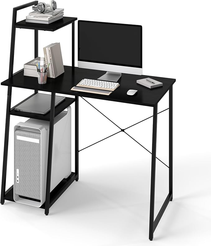 Tangkula Computer Desk with Shelves, Space Saving Home Office Desk with 3-Tier Ladder Shaped Storage Bookshelf, Modern Writing Study Desk with Metal Frame, Compact Computer Workstation (Black)