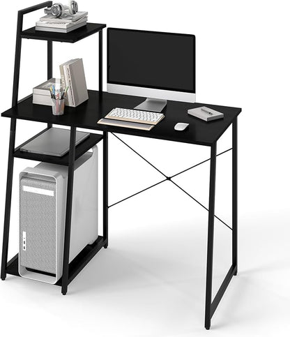 Tangkula Computer Desk with Shelves, Space Saving Home Office Desk with 3-Tier Ladder Shaped Storage Bookshelf, Modern Writing Study Desk with Metal Frame, Compact Computer Workstation (Black)