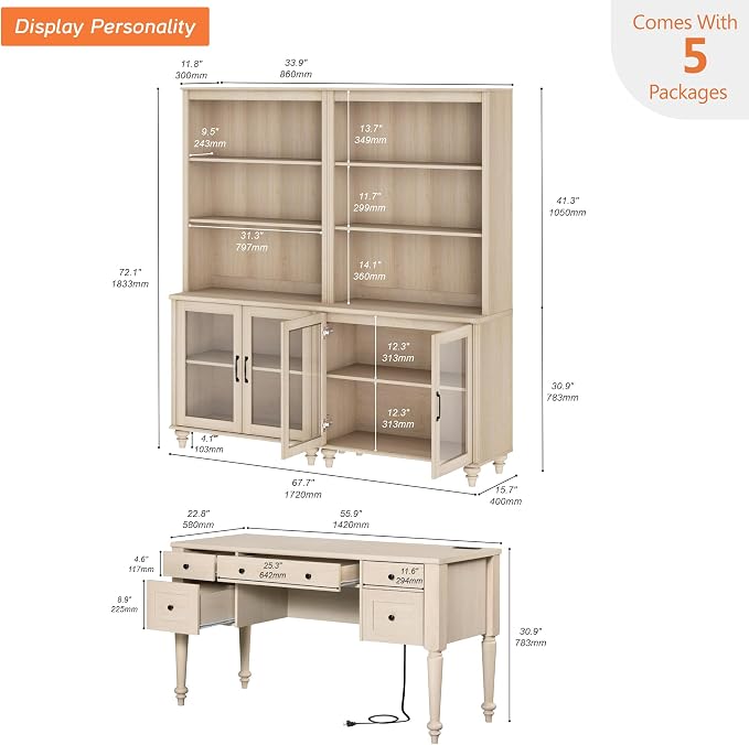 WAMPAT Home Office Furniture Set, 56'' Executive Desk with Charging Station, 72" Tall Bookcase with 4 Glass Doors, Wood Computer Desk with File Cabinet Storage, Open Shelf, Light Oak