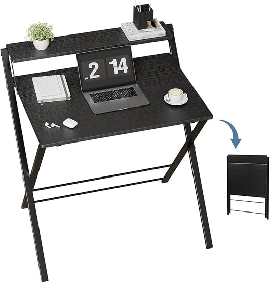 DUMOS Small Folding Desk with Shelf, No-Assembly Foldable Computer Desk for Tight Spaces, Portable Table for Bedroom, Home Office, Dorm or Apartment, Ink