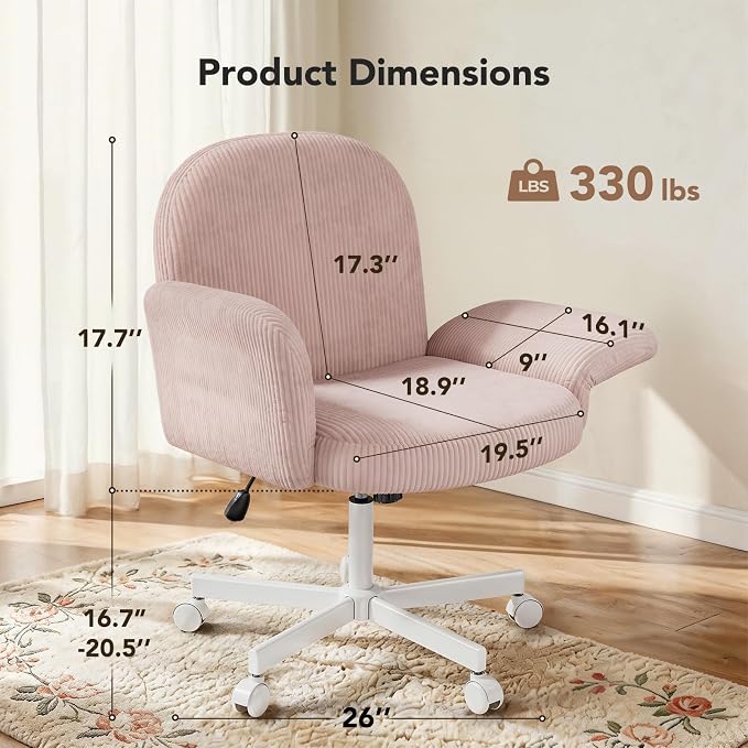 HUANUO Criss Cross Office Chair for Women, Cross Legged Desk Chair with Adjustable Armrests, Soft Corduroy Fabric for Small Spaces, Petite Home Office Computer Chair for Girls, Pink