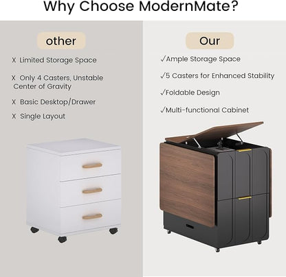 ModernMate 3-in-1 Folding Desk & File Cabinet, Fluted Multi-Storage Workspace with 4 Drawers, Lockable Wheels | Power Outlet | Fits A4/Letter Files, Space-Saving for Small Home Office, Black Walnut