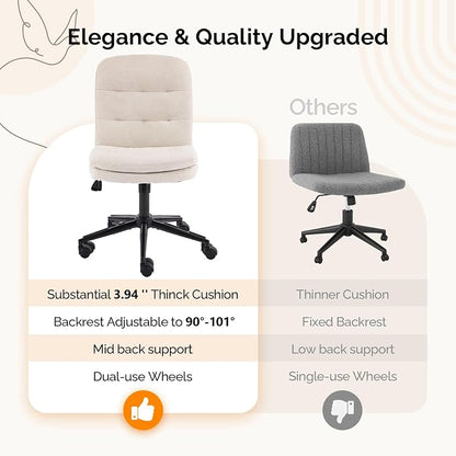 VINGLI Mid Back Armless Office Desk Chair with Wheels/no Wheels,360°Rocking Swivel Vanity Chair with Thickened Cushion,Adjustable Height Rolling for Reading Room, Make up,Linen Beige
