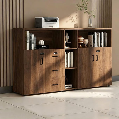 File Cabinet with Password Lock, Wood Lateral Filing Cabinet for Letter/A4 Files, 3 Drawer with Door, Printer Stand with Open Shelves for Home Office