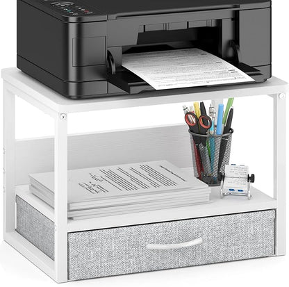 MARTY Printer Stand with Storage Drawer for Desk, 2-Tier Desktop Printer Stand Shelf Organzier for Home Office Printer Riser Under Desk Small Printer Table for Fax Machine Copier Scanner (White)