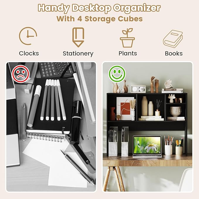 LDAILY Desktop Bookshelf, 2-Tier Office Desk Shelf Organizer Desk Hutch with 4 Shelves, 37’’L Wood Storage Rack Display Shelf for Computer Desk, Office, College Dorm, Bedroom (Black)