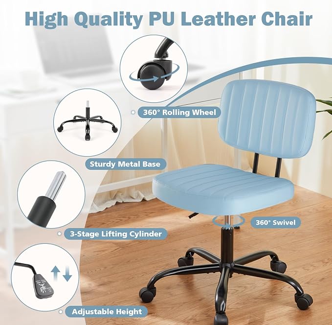 DUMOS Armless Home Office Executive Chair: Small Desk Chair with Low Back Lumbar Support, Height Adjustable PU Leather Computer Task with 360° Swivel Wheels, for Adults, Blue