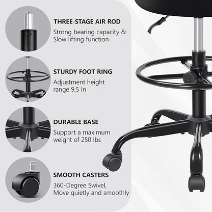 Primy Tall Drafting Desk Chair - Armless, Adjustable Height, Mesh Back, Rolling, Standing Desk Chair for Art Room, Office or Home (Black)
