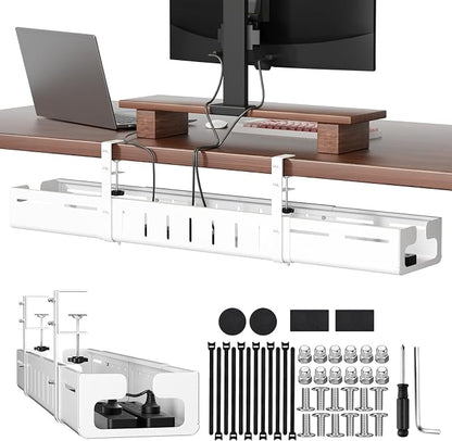 Under Desk Cable Management, Expandable 25.2"–38.6" Cable Management Under Desk No Drill, Heavy Duty Carbon Steel with Clamp, Hidden Cord Organizer for Desk, Home Office Standing Desk White