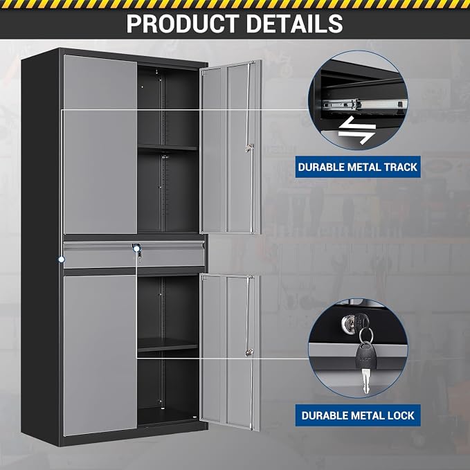 Fesbos 71" Metal Cabinet-Black&Gray Heavy Duty Storage File Cabinet Steel Tool Cabinets with Shelves, Lockable Doors and Drawers- for Garage, Pantry, Warehouse - Assembly Required