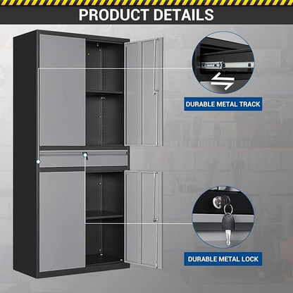 Fesbos 71" Metal Cabinet-Black&Gray Heavy Duty Storage File Cabinet Steel Tool Cabinets with Shelves, Lockable Doors and Drawers- for Garage, Pantry, Warehouse - Assembly Required