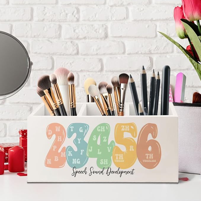 Speech Therapy Wooden Pen Pencil Holder for Desk, Speech Sound Development SLP Mental Health Wood Makeup Brush Toothbrush Holder Organizer for SLP Therapist Office Clinic Kids Room