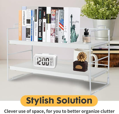 ShellKingdom Desk Shelf Organizer, 2 Tier Desktop Shelves, Adjustable Bookshelf Storage Rack and Office Cubicle Decor for Tabletop, School, Office, Dorm Organization (White)