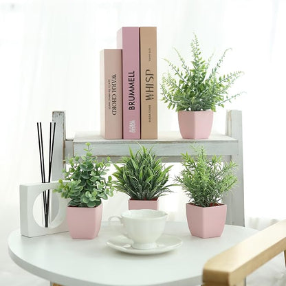 summer flower 4 Pack Small Fake Plants in Pink Pot Artificial Plant Indoor Eucalyptus Wheat Grass Ferns Rosemary Faux Greenery for Room Decor Home Office Desk Bathroom Kitchen Living Room Decorations