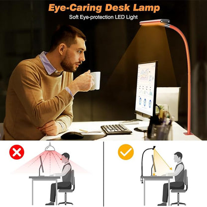 Airlonv LED Desk Lamp for Office Home, Eye-Caring Desk Light with Stepless Dimming Adjustable Flexible Gooseneck, 10W USB Adapter Desk Lamp with Clamp for Reading, Study, Workbench (Orange)