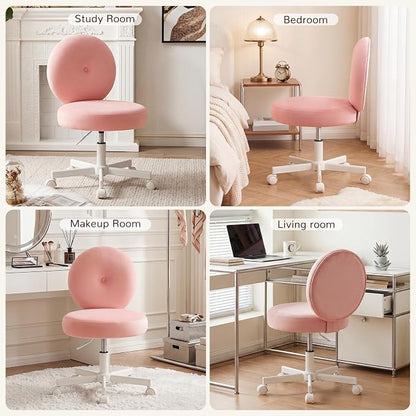 Furniliving Round Velvet Vanity Chair with Wheels, 360° Swivel Armless Desk Chair, Adjustable Height Rolling Makeup Chair for Bedroom Study Room, Pink