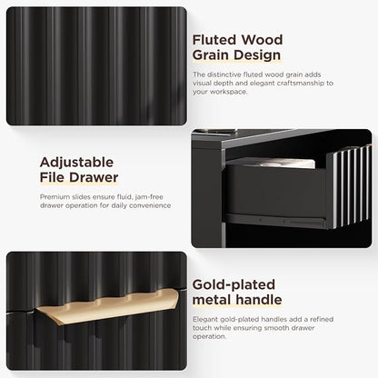 Vabches Fluted Computer Desk with Power Outlets, Home Office Desk with Drawers, Printer Stand, Wood Computer Desk with Long Monitor Stand, Black
