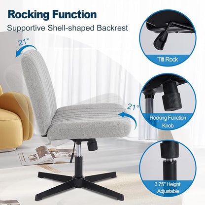 DUMOS Criss Cross Chair No Wheel Legged Office Wide Comfy Desk Vanity Chair, Armless Computer Task Seating PU Leather, Swivel Home Height Adjustable for Bedroom, Study, Grey No Wheel