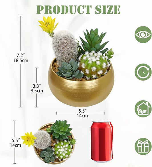 Oairse Artificial Cactus Plants Indoor, 7" Assorted Small Faux Succulent in Pots Fake Potted Desk Plant with Gold Bowl Mini Succulents Artificial Cactus Decor for Home Office Bathroom Table Shelf
