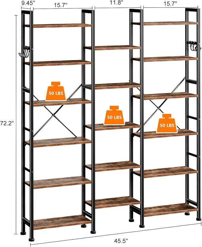 Furologee Triple Column 6 Tier Bookshelf, Large Bookcase with 17 Display Shelves, Wide Book Shelf with 6 Hooks, Adjustable Rustic Bookshelves Storage Organizer, Shelving Unit for Living Room, Office