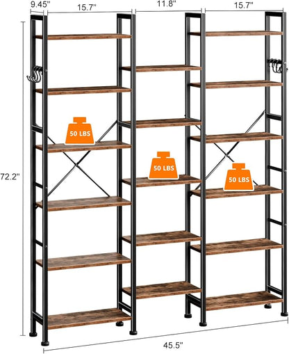Furologee Triple Column 6 Tier Bookshelf, Large Bookcase with 17 Display Shelves, Wide Book Shelf with 6 Hooks, Adjustable Rustic Bookshelves Storage Organizer, Shelving Unit for Living Room, Office