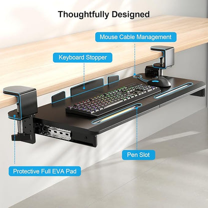 Supcline Keyboard Tray Under Desk with 60° Swivel C-Clamp & Height Adjustment for Corner Desk, 25.6 x 11.8 in Slide Out Keyboard Mouse Platform for l-Shaped & L-Shaped Table, Pull Out Keyboard Drawer