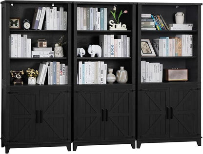 Joaxswe 70in Tall Bookshelf 5 Tier Bookcase with Barn Doors and Adjustable Shelves, Black Farmhouse Book Shelf with Storage Cabinet, Wood Freestanding Display Bookshelves for Bedroom, Kitchen (3PCS)
