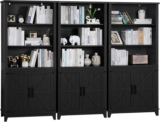 Joaxswe 70in Tall Bookshelf 5 Tier Bookcase with Barn Doors and Adjustable Shelves, Black Farmhouse Book Shelf with Storage Cabinet, Wood Freestanding Display Bookshelves for Bedroom, Kitchen (3PCS)