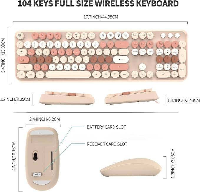 FOPETT Wireless Keyboard and Mouse Combo - 2.4G Full-Sized Cute Colorful Mouse and Keyboard with 104 Round Keys Retro Typewriter Keyboard for Laptop/Windows/PC - Brown Colorful