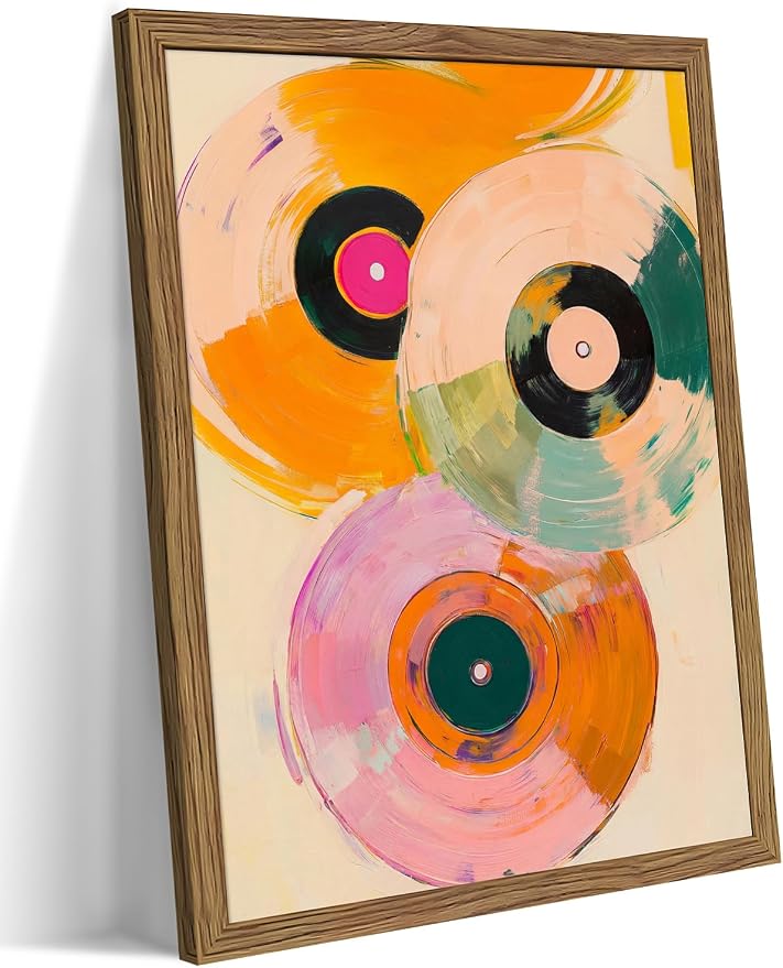Vintage Vinyl Record Wall Art - Framed Canvas Music Decor for Living Room & Studio, Colorful Abstract Oil Painting in Wood Frame, Retro Record Player Print for Bedroom 8x10 inch