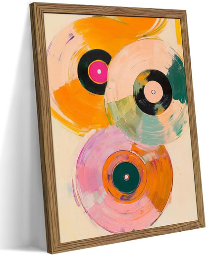 Vintage Vinyl Record Wall Art - Framed Canvas Music Decor for Living Room & Studio, Colorful Abstract Oil Painting in Wood Frame, Retro Record Player Print for Bedroom 16x24 inch