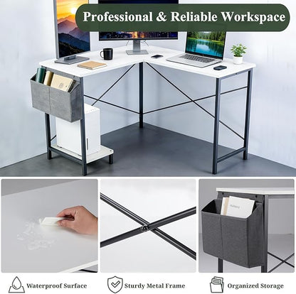 L-Shaped Home Office Computer Desk, Gaming Desk with CPU Stand Shelf and Hanging Storage Pocket, Corner Student Study Writing Table, Sturdy Metal Frame, 43.3" D x 50" W, Classic White