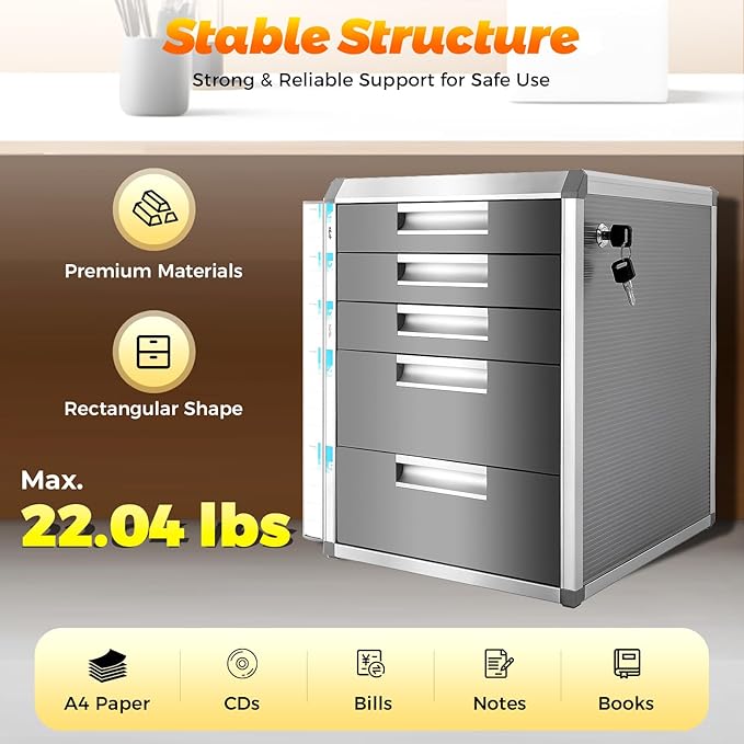5 Drawer File Sorters,Desktop Drawer Organizer,A4 Aluminium Alloy Document Storage Box,Office Papers Organizer,File Cabinet with Labels,Grey