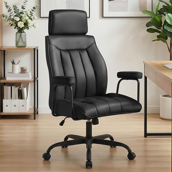 Furniliving Leather Office Chair with Adjustable Headrest, Mid-Century Modern High-Back Office Desk Chair, Ergonomic Computer Chair with Wheels, Armrests, Lumbar Support, Black