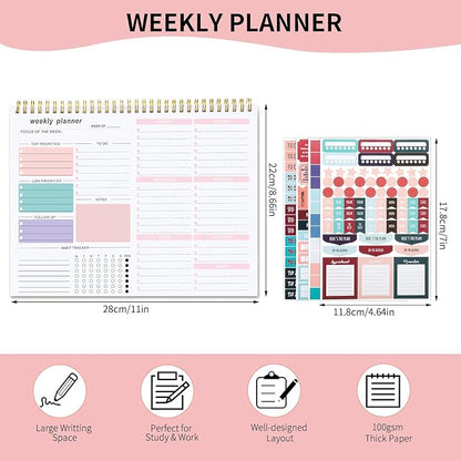 Weekly To Do List Notepad, 8.5''x11'' Weekly Desk Planner with 52 Tear Off Sheets Undated Weekly Planner Habit Tracker & Productivity Organizer for Home and Work, Pink