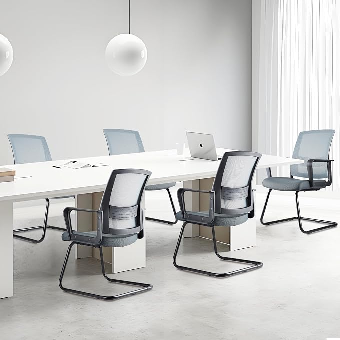 CLATINA Waiting Room Chairs with Armrests and Adjustable Lumbar Support, Breathable Mesh Back Desk Chair No Wheels, Office Guest Chairs & Reception Chair for Conference Room, Grey, 8PK