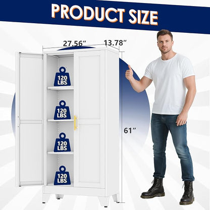 erosoei 61" H Metal Garage Storage Cabinet, Metal Pantry Cabinet with 2 Doors, Locker Steel Cabinet with 3 Adjustable Shelves, Freestanding Cupboard for Garage,Office,Home,Gym,School