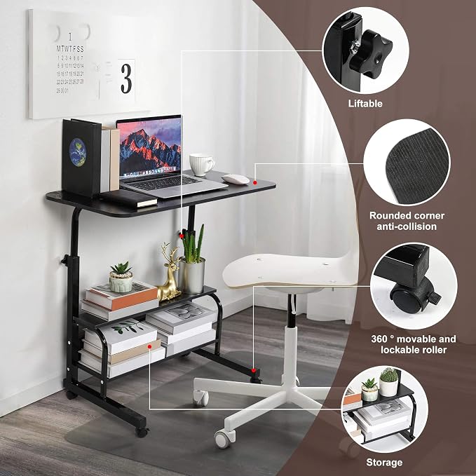 Adjustable Laptop Standing Desk - Mobile Rolling Computer Workstation for Small Spaces, Portable Home Office Desk with Storage Black