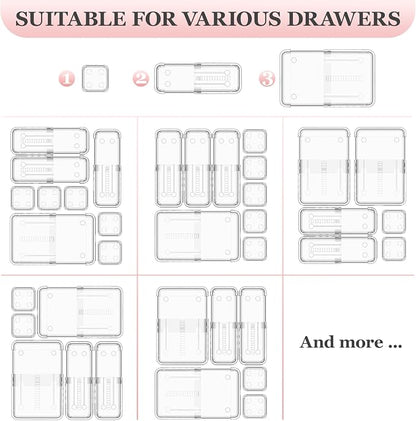 DILIBRA 16 Pcs Clear Extendable Drawer Organizer, Adjustable Drawer Storage 3-Size Desk Drawer Organizer, Plastic Non-Slip Storage Bins for Makeup, Cosmetic, Jewelries, Utensils, Stationery, Dressers