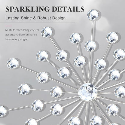 ZEXUIRU 4 Set Silver Starburst Wall Art for Home Decor Metal Bling Crystal Rhinestones Sunburst Wall Decor Sparkling Rhinestone Art Accent Silver - 13 in