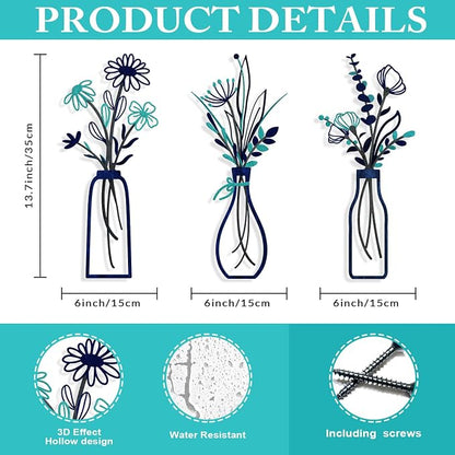 Pigort 3 Pieces Metal Flowers Wall Arts - Rustic Farmhouse Style Décor Metal Wall Art Black Minimalist Flower Natural Themed Wall Decors for Home Bedroom Dining Room Housewarming (Blue)