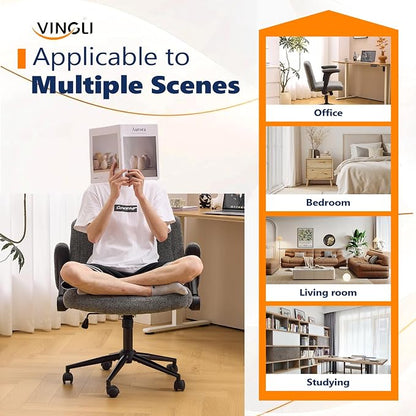 VINGLI Criss Cross Chair with Adjustable Flip-Up Arms,Cross Legged Chair with Wheels, Extra Wide Office Chair,Cozy Desk Chair for Home Office, Vanity, Apartment,Chenille Velvet,Grey