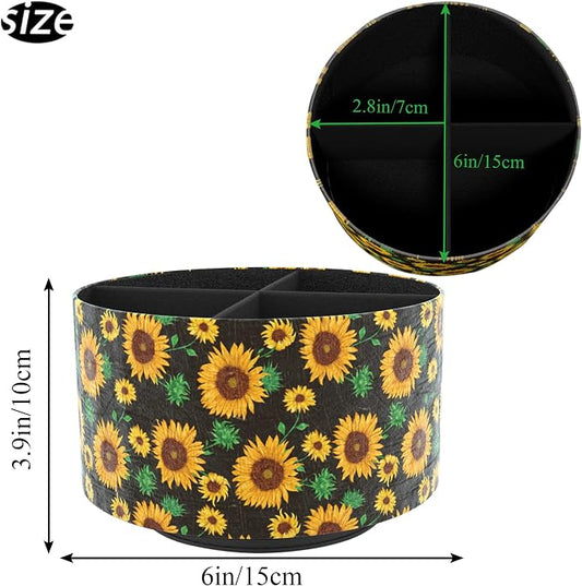 Round Leather Art Supply Organizer,Remote Control Holder,360 Degree Rotating,Multi-Functional Pencil Holder,4 Compartments Desktop Stationary Organizer(1-Sunflower)