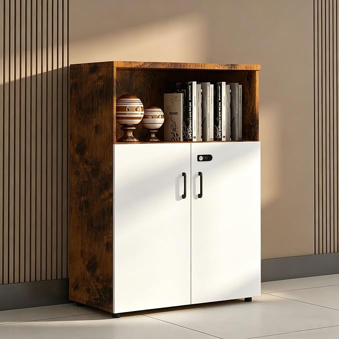 File Cabinet with Password Lock, Wood Lateral Filing Cabinet for Letter/A4 Files, 3 Drawer with Door, Printer Stand with Open Shelves for Home Office