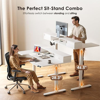 OffiGo U Shaped Electric Standing Desk with Drawers, 55 Inch Height Adjustable Desk with Keyboard Tray ＆ Ergonomic Monitor Stand, Sit Stand Table with Power Outlets for Home, Office, White